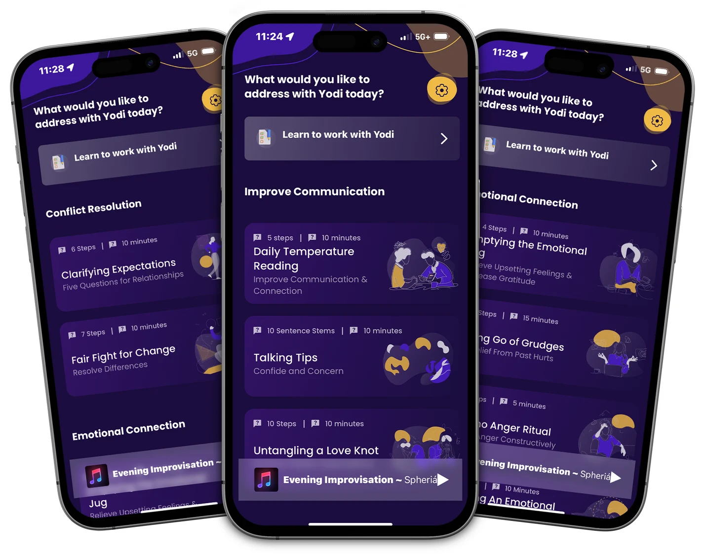 Three phones showing Yodi's exercise lists: Conflict Resolution, Improve Communication and Emotional Connection